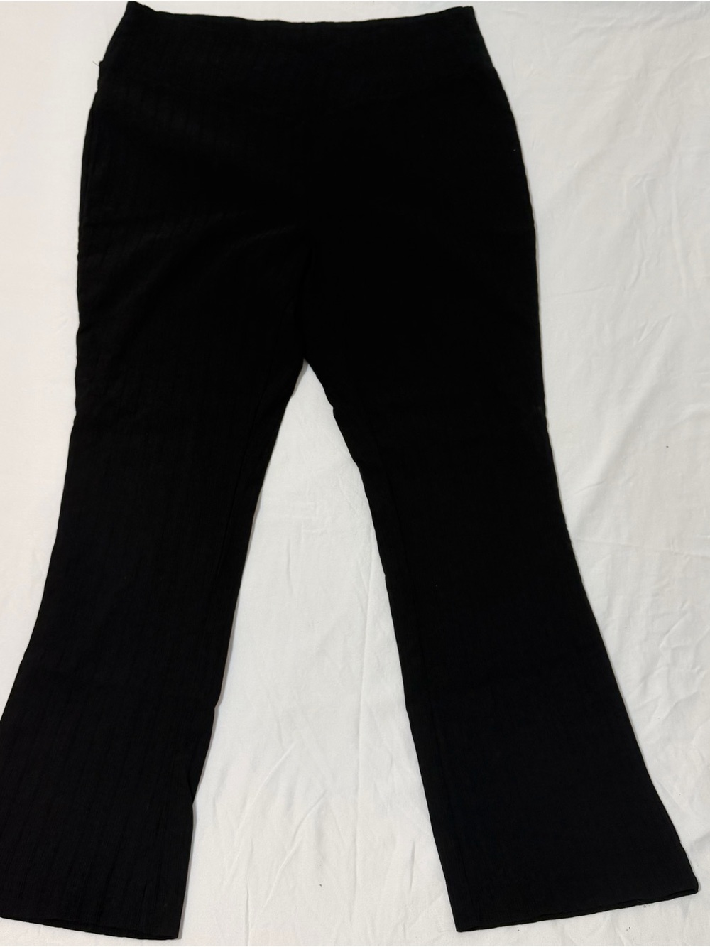 Women's Black Ribbed Knit Flare Pants crossover front, ribbed fabric